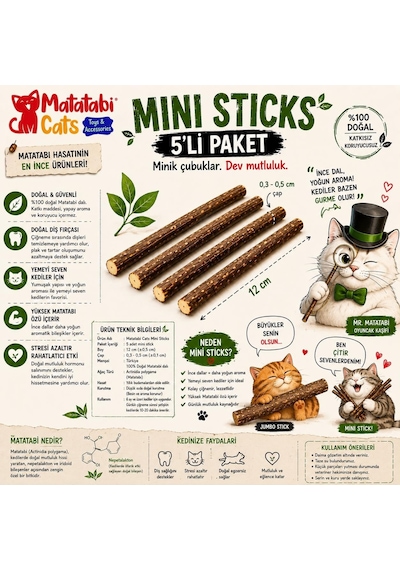Mini Sticks 5'li Doğal İnce Matatabi Çubuğu Kedi Oyuncağı İnce Çiğneme Çubuğu Kedi Diş Bakımı 12 Cm