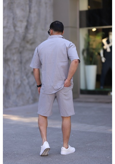 Çağla Yeşili Renk Gömlek Şort Erkek Keten Takım Oversize Kalıp Gri