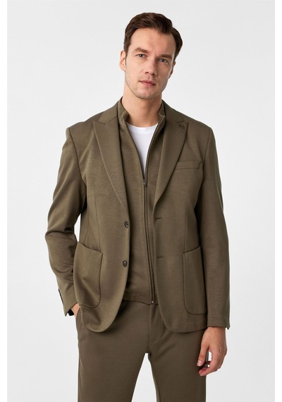 Süvari Haki Slim Fit Düz Sivri Yaka 6 Drop Spor Takım Elbise