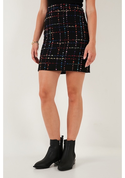 Lela Tüvit Desenli Slim Fit Yüksek Bel Mini Boy Bayan Etek 5866436 Siyah
