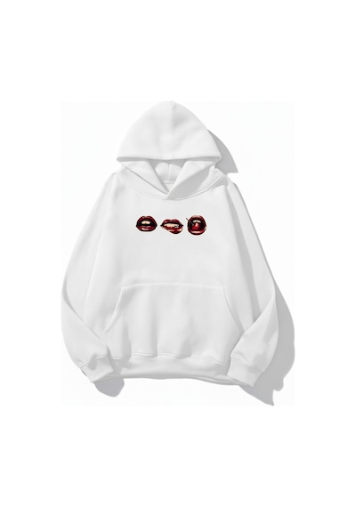 Uyguntarz Unisex Yumuşak Dokulu 3'lü Dudak Baskılı Tasarım Oversize 3 İplik Hoodie Sweatshirt beyaz
