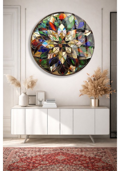 Vitray Çiçek Mandala Cam Tablo Modern Sanat Tablosu Canlı Renkli Baskı Ofis Ve Çalışma Odası Anlamlı Hediye Seçeneği Kolay Montaj Askılı