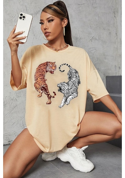 Unisex Tiger Baskılı T-shirt Bej