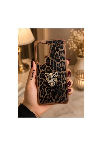Samsung Galaxy S25 Ultra Uyumlu Kılıf Sarı Leopar Desenli Aslan Figürlü Darbelere Dayanıklı Yumuşak Kamera Korumalı Kapak Kahverengi