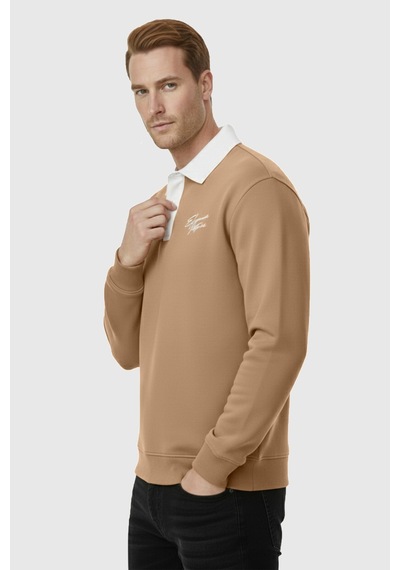 Deepsea Erkek Camel Relax Fit İçi Polarlı Polo Yaka Sweatshirt Pamuklu Kalın Sweatshirt 2600762 Camel