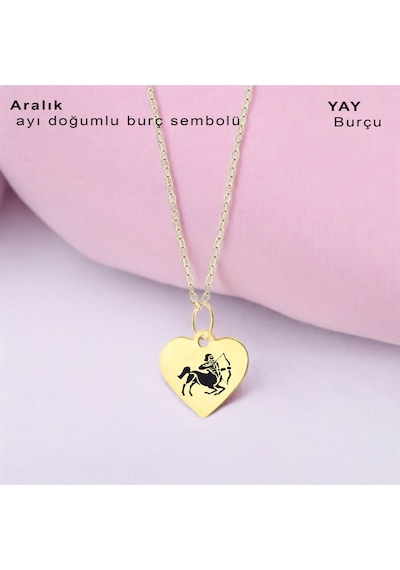 Archin Yay Burçlarına 14 Ayar Altın Plakalı Kalp Motifli Zincirli Hediyelik Kolye-352burç Yay