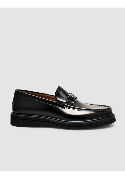 Cabani Hakiki Premimum Deri Siyah Erkek Metal Tokalı Loafer Siyah
