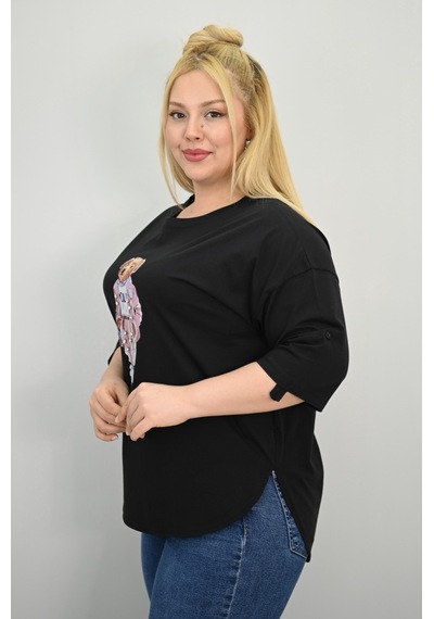 Koza Butik Kadın Büyük Beden Kısa Kollu Taş Detaylı Ayı Baskılı Oversize T-shirt 1926-25 siyah Koza Butik Kadın Büyük Beden Kısa Kollu Taş Detaylı Ayı Baskılı Oversize T-shirt 1926-25 siyah