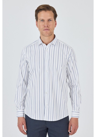 İmza Uzun Kol Çizgili Desen Bez Ayağı İtalyan Yaka Cepsiz Esnek Classic Slim Fit Gömlek 1004250203 Beyaz