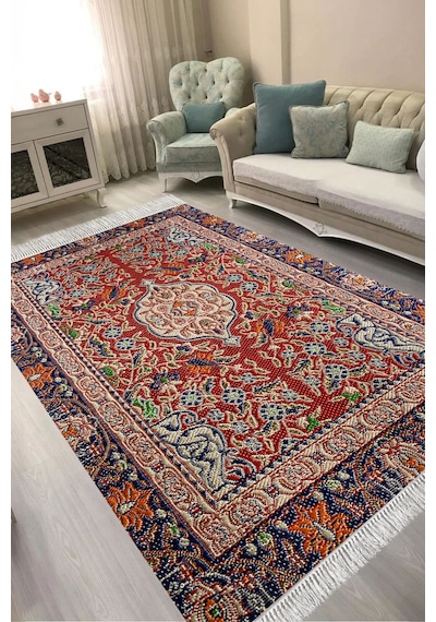 Alanur Kaymaz Yıkanabilir Dijital Baskılı Salon Halısı Trend Saçaklı Otantik E6003 Renkli