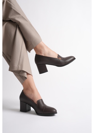 Analin Shoes Kadın Hakiki Deri Biyeli Topuklu Ayakkabı Kahve