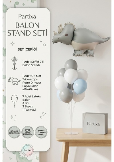 Gri Mat Triceratops Retro Dinozor Balon Stand Seti Şeffaf 7 Li Stand + Dinozor Folyo Balon 69 40 Cm + 7 Lateks Balon