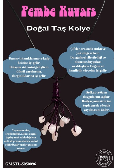 Sertifikalı Orijinal Doğal Taş Pembe Kuvars Taşı El Yapımı Bakır Tel Sarma Kolye Çok REnkli