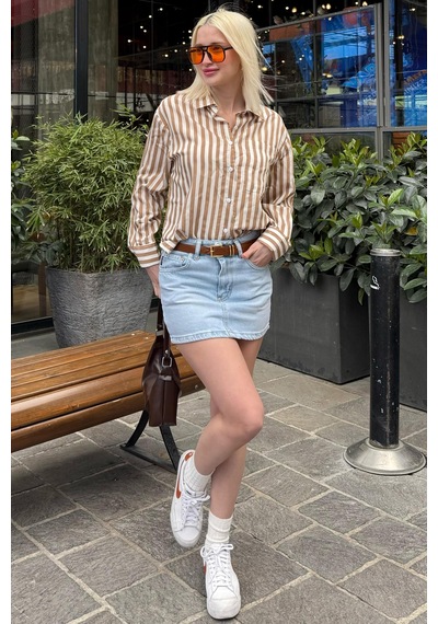 Madmext Bej Cep Detaylı Çizgili Kadın Gömlek Mg2295 Bej