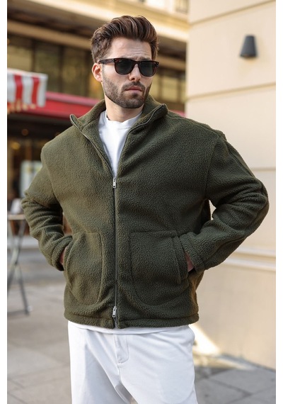 Madmext Haki Çift Fermuarlı Dik Yaka Peluş Erkek Ceket E7193
