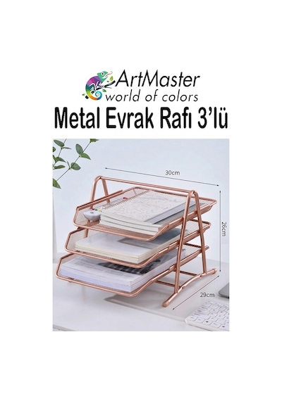 Bakır Yaldız Metal Evrak Rafı 3 Lü 1 Paket Masaüstü A4 Dosya 3 Katlı Düzenleyici Kağıt Tepsisi Metal Fileli Hareketli Bakır