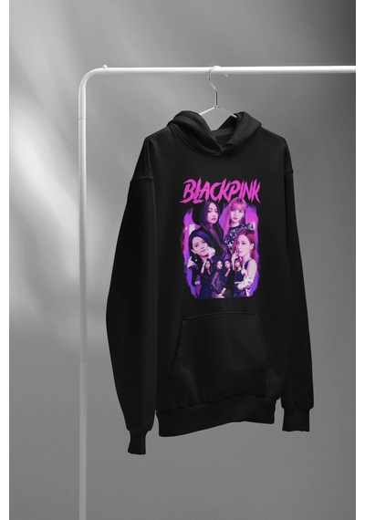 Magors Stıl-x Blackpınk Baskılı Oversıze, Pamuklu, Kapüşonlu Sweatshırt Siyah
