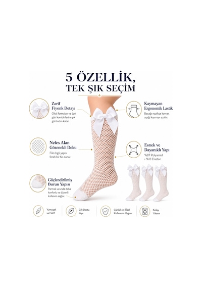 Kız Çocuk Beyaz File Dizaltı Çorap Fiyonklu 3'lü Paket Okul Tören Bayram Gösteri Çorabı