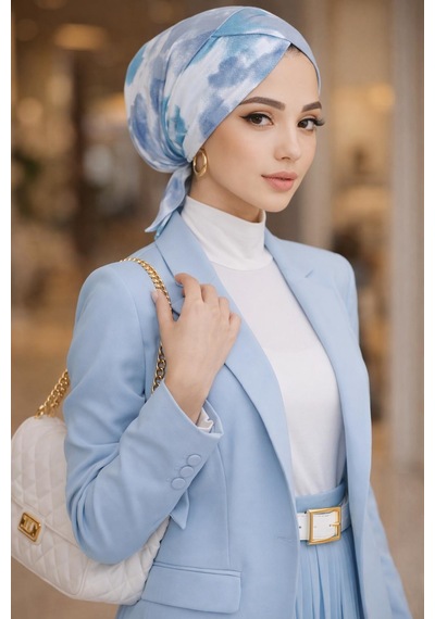 Aişe Tesettür Mavi Beyaz Batik Çapraz Bantlı Bone