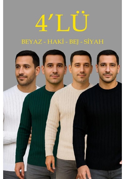 Erkek Fitilli Triko Kazak 4 Lü Set Beyaz, Haki, Bej, Siyahkalın Dokuma Pamuklu Regular Fit Bisikle Çok Renkli