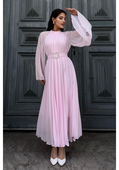 Lodmela Plise Detaylı Kemerli Rahat Form Abiye Elbise 2183-pembe Pembe