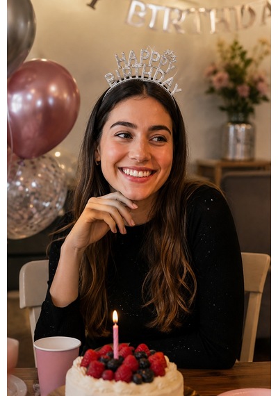 Gümüş Happy Birthday Taç Taşlı Görünümlü Doğum Günü Parti Kutlama Ve Eğlence Aksesuarı Diğer