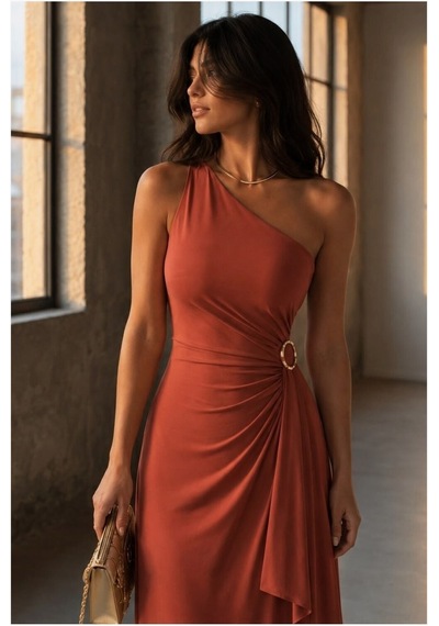 Lior Design Kadın Sade Tek Omuz Kemerli Maxi Abiye Elbise Kahverengi