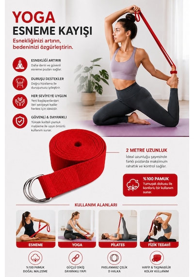 Voltrike Kırmızı Yoga Kemeri Esneme Kayışı