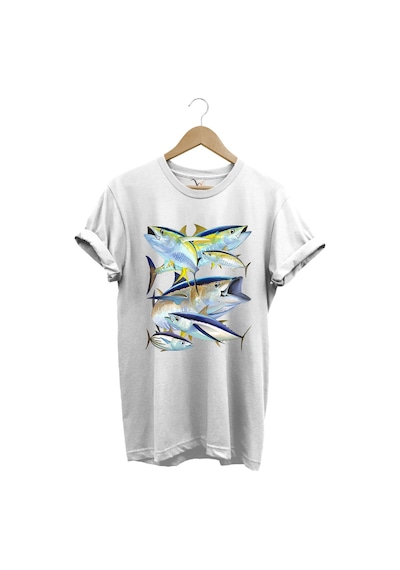 Balık Desenli Gümüş Balığı Baskılı %100 Pamuk Regular Fit Bisiklet Yaka Beyaz T-shirt Beyaz