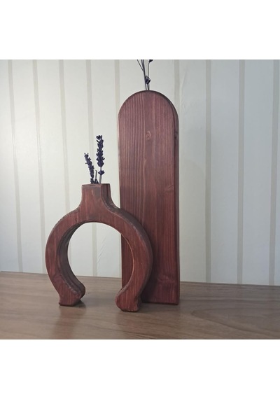 Rustik Ahşap Vazo Seti, El Yapımı Çam Ağacı, Ceviz Antik Mat Kaplama, 2 Parça Dekoratif Çiçeklik, 35x10 Cm Ve 2 Çok Renkli