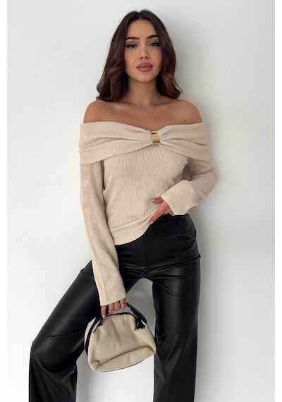 Noa & Noa Kadın Omuz Açık Toka Detaylı Bluz Burgundy Charm Bej