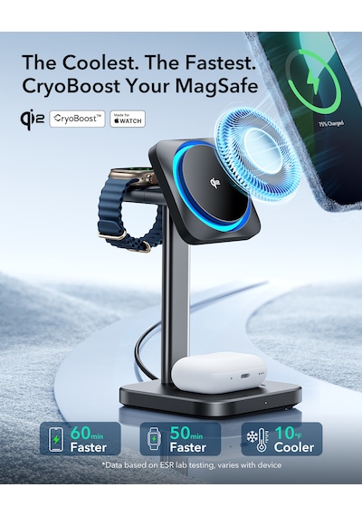 Esr Qi2 Cryoboost 3 İn 1 15w Magsafe Masaüstü Şarj Standı Apple Uyumlu iPhone Watch Ve Airpods Kablosuz