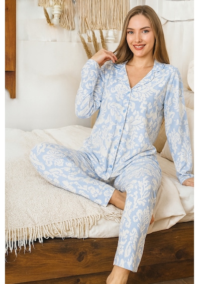 Remsa Kadın Desenli Suprem Düğmeli Pijama Takımı 0482 Mavi02 Mavi02