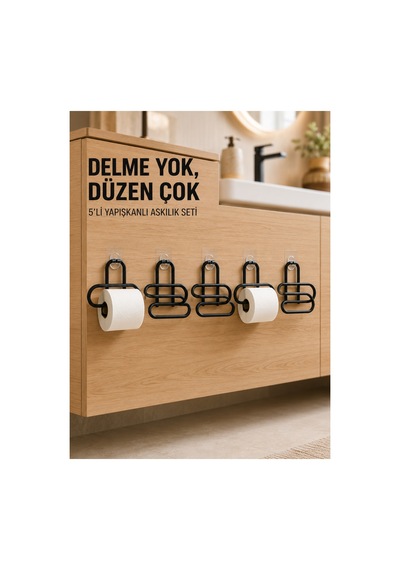 Siyah Metal Tuvalet Kağıdı Tutucu 5 Li Set Yapışkanlı Duvar Tipi Banyo Wc Askısı Tek Renk