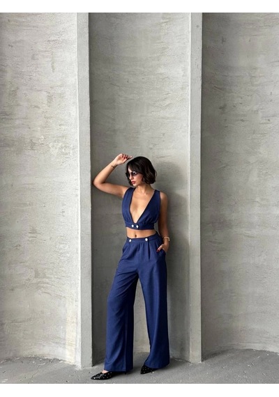 By Mop Crop Pantolon Keten Takım S255012 Lacivert