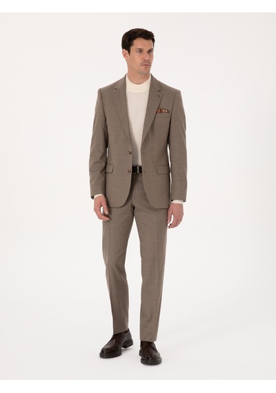 Cacharel Camel Slim Fit Yün Karışımlı Mikro Desenli Klasik Ceket Kahverengi