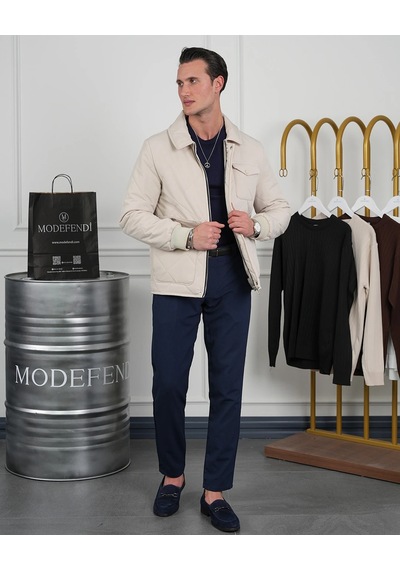 Modefendi Slim Fit Baklava Desen Torba Cep Dolum Elyaf Mont Krem