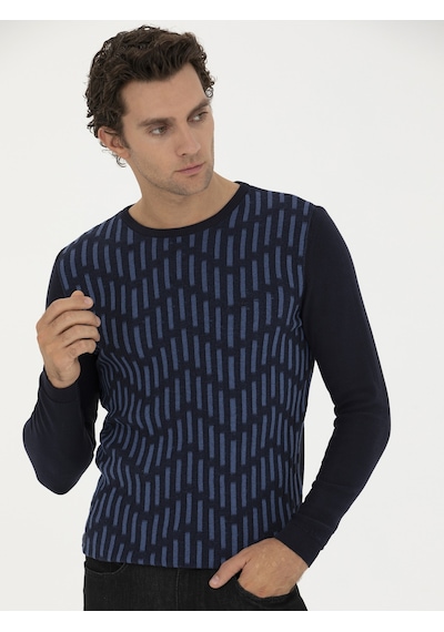 Cacharel Lacivert Slim Fit %100 Pamuk Bisiklet Yaka Triko Kazak