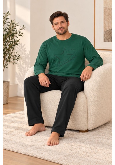 Nisanca Mevsimlik %100 Pamuk Büyük Beden Erkek Pamuk Pijama Takımı Yesil