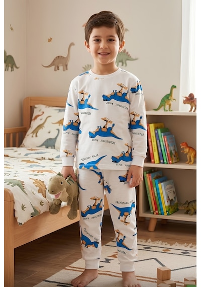 Bunny Hopp Erkek Çocuk Dinozor Desenli Pijama Takımı %100 Pamuk Beyaz Uzun Kollu Ev Giyimi