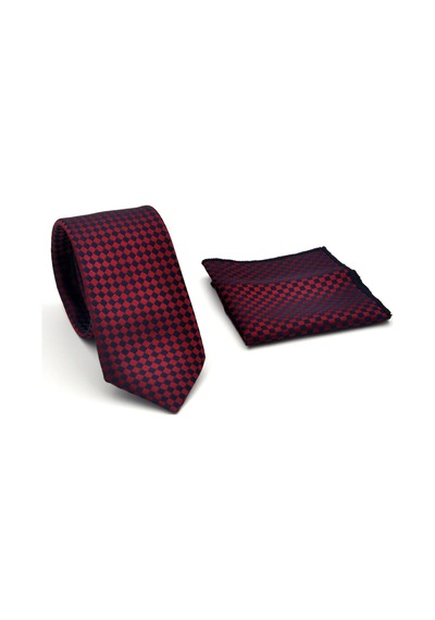Gaffy Lacivert Piti Kare Desenli Bordo Dokuma Kumaş Mendilli Slim Fit Kravat // Sdk-2503-6 Bordo