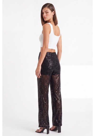 CEMO Siyah Pullu Şeffaf Detaylı Wide Leg Pantolon