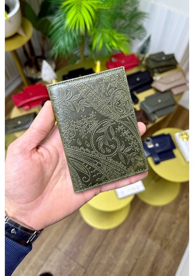 Premium Deri Ruhsat Kılıfı Ve Anahtarlık Seti Yeşil Motifli