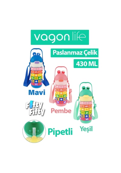 Vagonlife 430 Ml Pipetli Çelik Termos Askılı Matematiği Sevdiren Su Matarası -ffvgn30031-430ml Yeşil