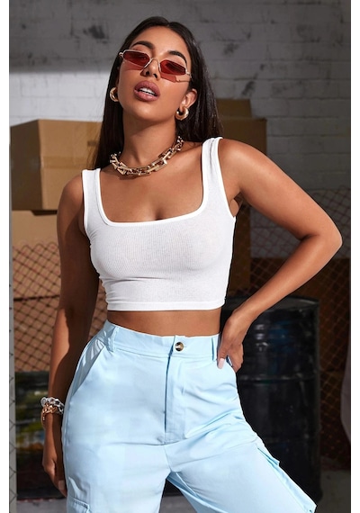 Kapsulavm Kadın Beyaz Kalın Askılı Crop Top Büstiyer