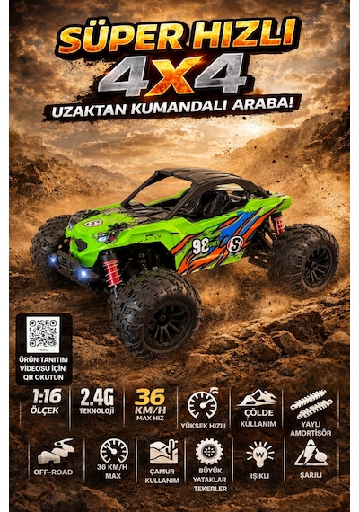 1:16 Rc Araba 36 Km/h Hızlı 4x4 Uzaktan Kumandalı Off Road Drift Araç Şarjlı 2.4ghz