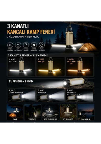 Buffer 3 Kanatlı Açılabilir Led Kamp Feneri, Kancalı 3 Modlu Kamp Lambası Ve 3 Modlu El Feneri Siyah
