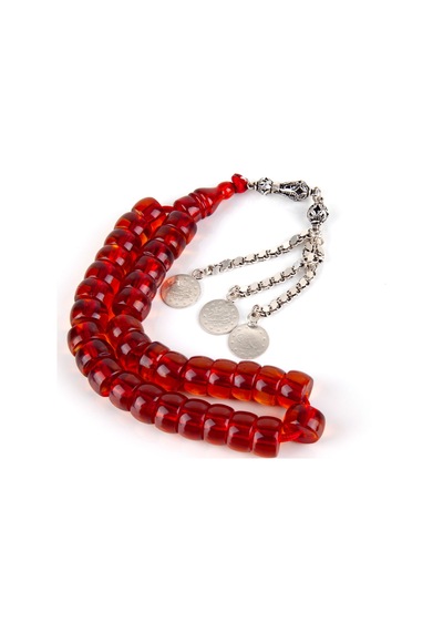 Osmanlı Ateş Kehribar 1900'ler Dönem İşi 925 Ayar Gümüş Püskül Fıçı Kesim 14x8mm Tesbih Kırmızı