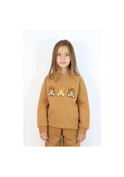 Harika Kids Kız Çocuk 3'lü Ayıcık Nakışlı 3 İplik Oversize Şardonlu Takım Kahverengi