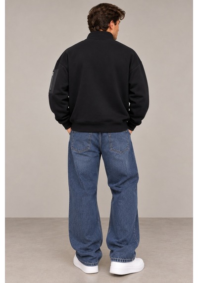 Cool Tarz Erkek Siyah Oversize Sweatshirt Yarım Fermuarlı Dik Yaka Kol Cepli 3 İplik Şardonlu Kışlık Sweat Siyah Siyah